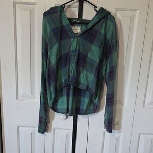 Plaid Hooded Shirt in Green and Blue
